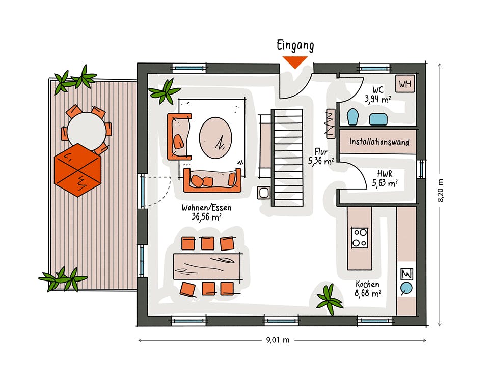 Massivhaus ICON 3+ mit Quergiebel von Dennert Massivhaus Ausbauhaus ab 254300€, Satteldach-Klassiker Grundriss 1