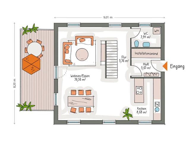 Massivhaus ICON 3 mit Satteldach von Dennert Massivhaus Ausbauhaus ab 230170€, Satteldach-Klassiker Grundriss 1