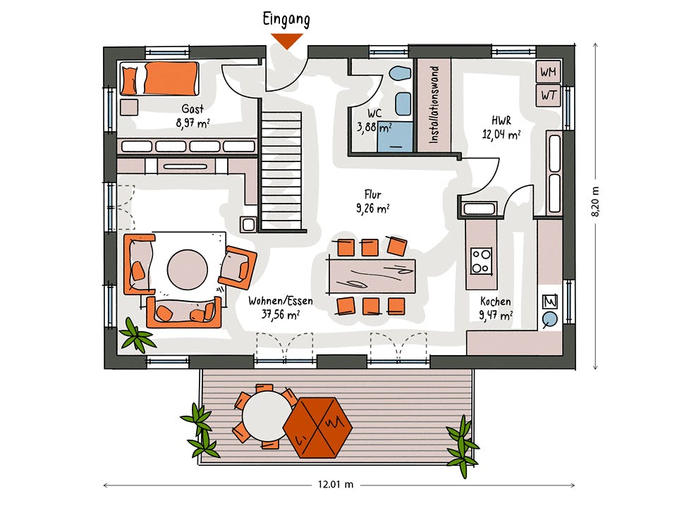 Massivhaus ICON 4 City mit Satteldach von Dennert Massivhaus Ausbauhaus ab 288300€, Satteldach-Klassiker Grundriss 1