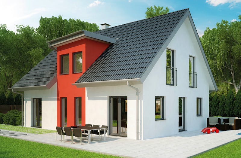 Massivhaus ICON 4 mit Quergiebel von Dennert Massivhaus Ausbauhaus ab 269200€, Satteldach-Klassiker Außenansicht 2