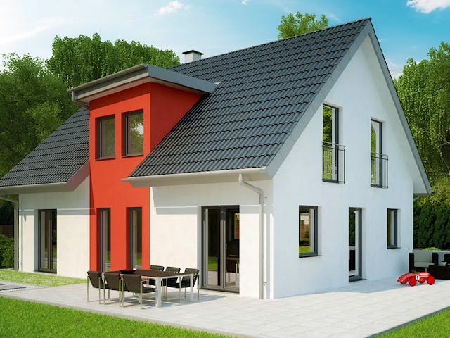 Massivhaus ICON 4 mit Quergiebel von Dennert Massivhaus Ausbauhaus ab 276800€, Satteldach-Klassiker Außenansicht 2