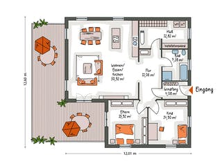 Massivhaus ICON Winkelbungalow von Dennert Massivhaus Ausbauhaus ab 266800€, Bungalow Grundriss 1