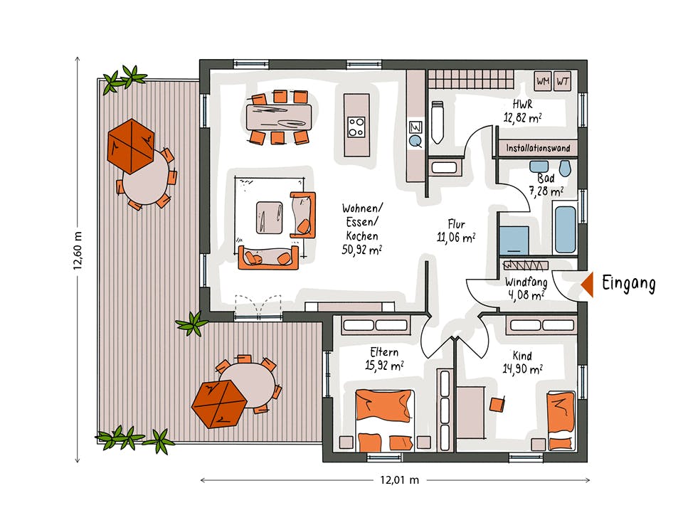 Massivhaus ICON Winkelbungalow von Dennert Massivhaus Ausbauhaus ab 259900€, Bungalow Grundriss 1