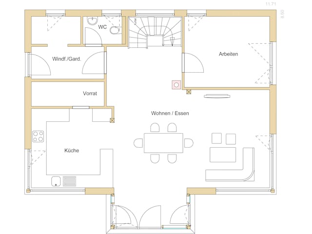 Blockhaus D176 Becker von Frammelsberger R. Ingenieur-Holzbau, Satteldach-Klassiker Grundriss 1