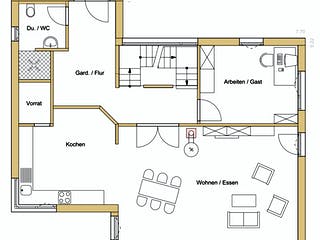 Blockhaus D183 Eisele von Frammelsberger R. Ingenieur-Holzbau, Pultdachhaus Grundriss 1