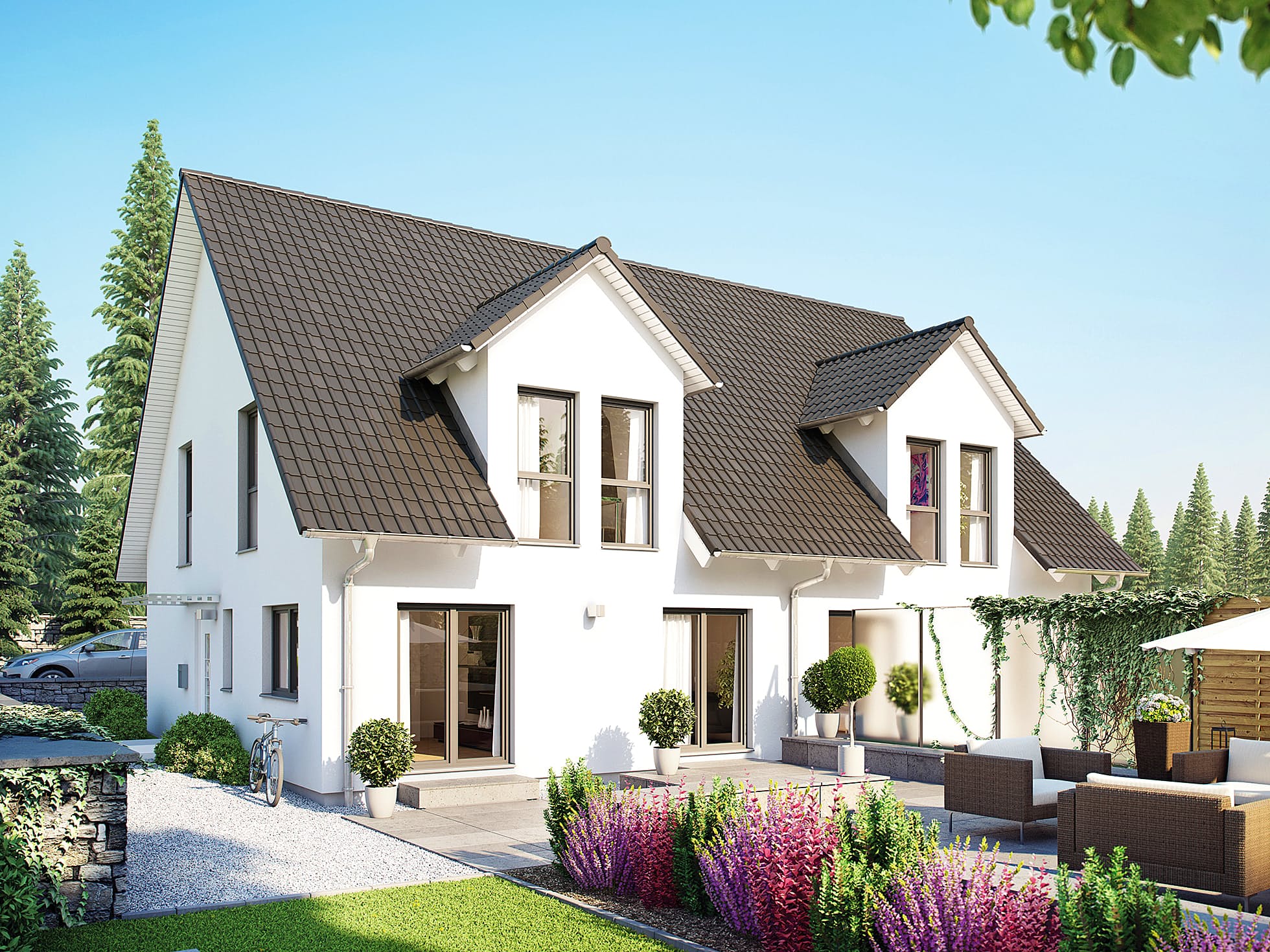 Fertighaus Doppelhaus 45-123 von Hanse Haus Schlüsselfertig ab 329193€, Satteldach-Klassiker Außenansicht 1