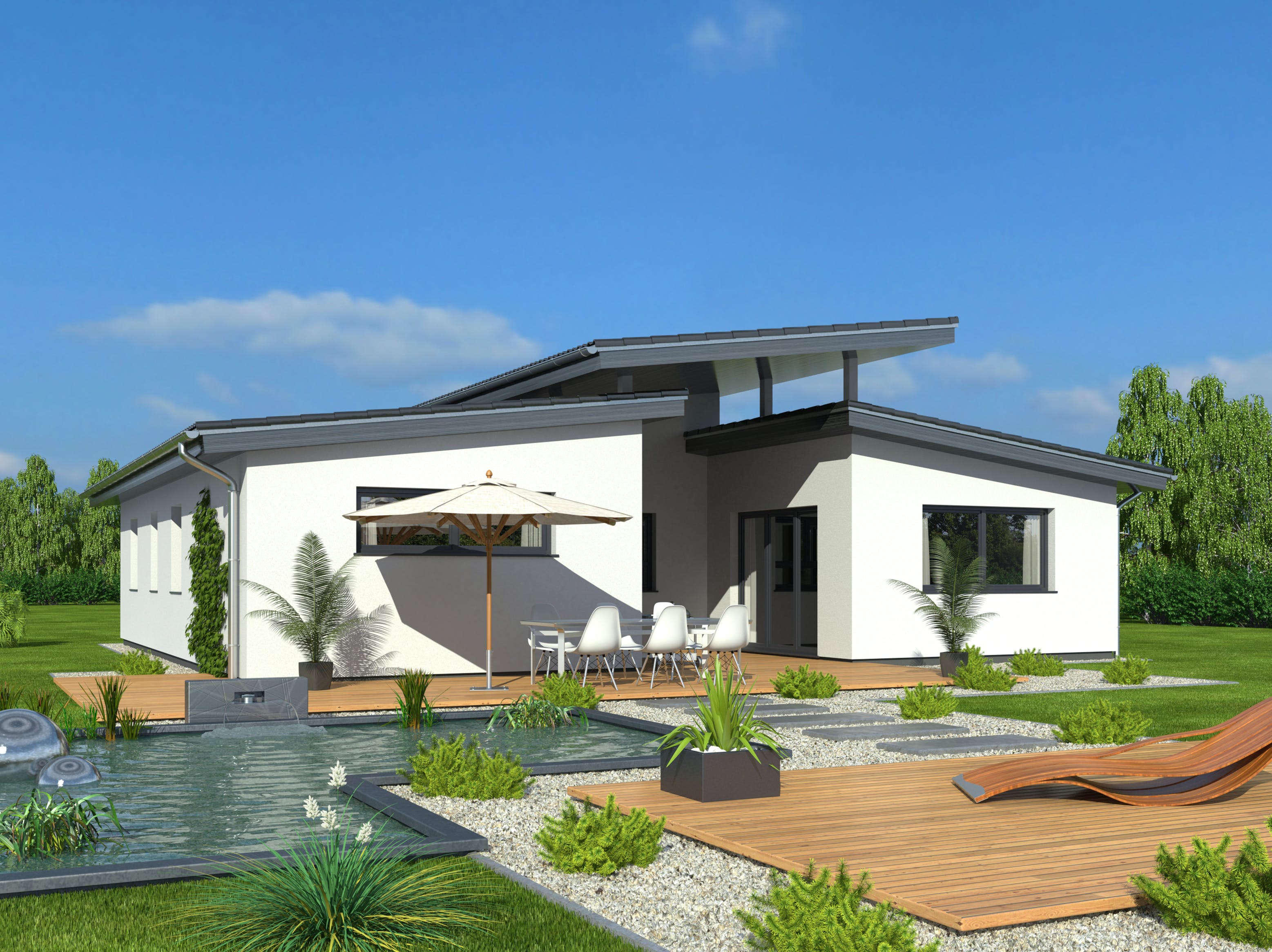 Fertighaus Bungalow 101 PD von DREVO HAUS Schlüsselfertig ab 277900€, Pultdachhaus Außenansicht 1