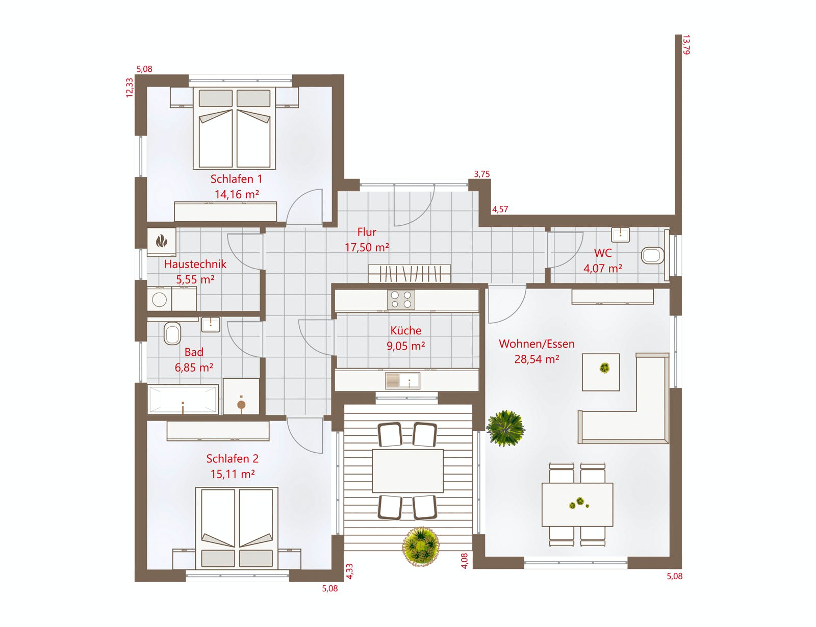 Fertighaus Bungalow 101 PD von DREVO HAUS Schlüsselfertig ab 277900€, Pultdachhaus Grundriss 1