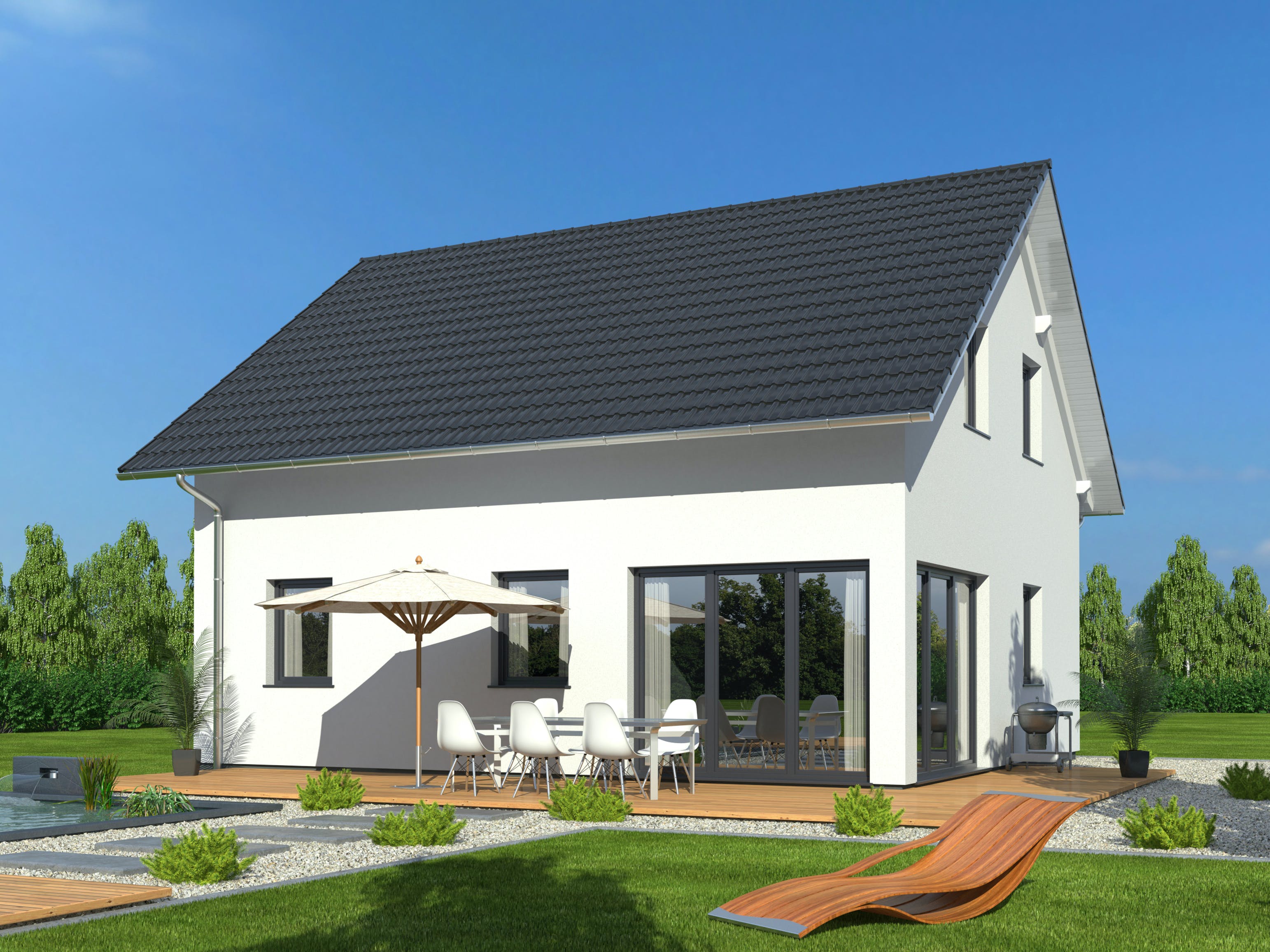 Fertighaus Hausidee 119 SD von DREVO HAUS Schlüsselfertig ab 239600€, Satteldach-Klassiker Außenansicht 1