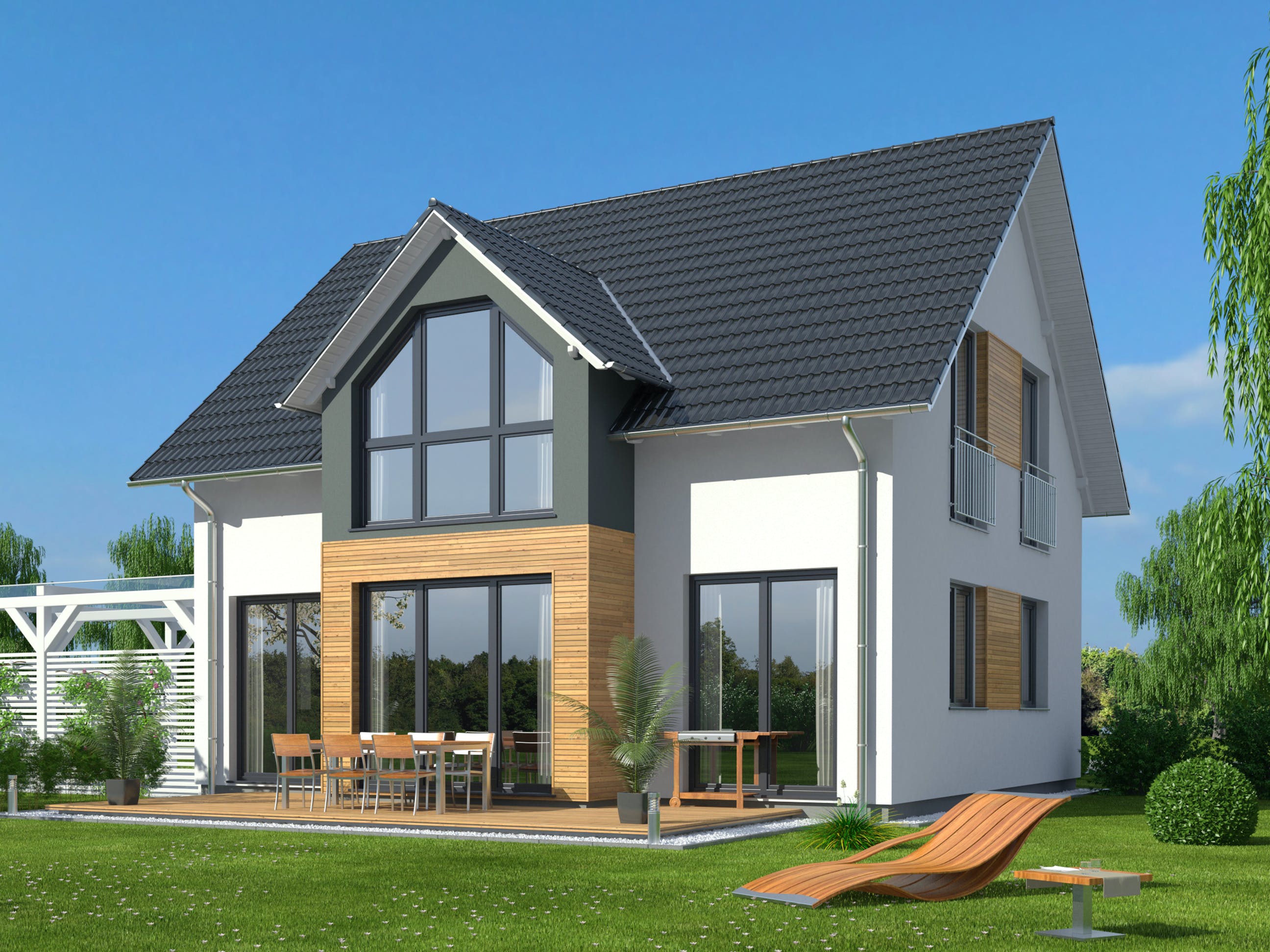 Fertighaus Hausidee 122 SD von DREVO HAUS Schlüsselfertig ab 263700€, Satteldach-Klassiker Außenansicht 1