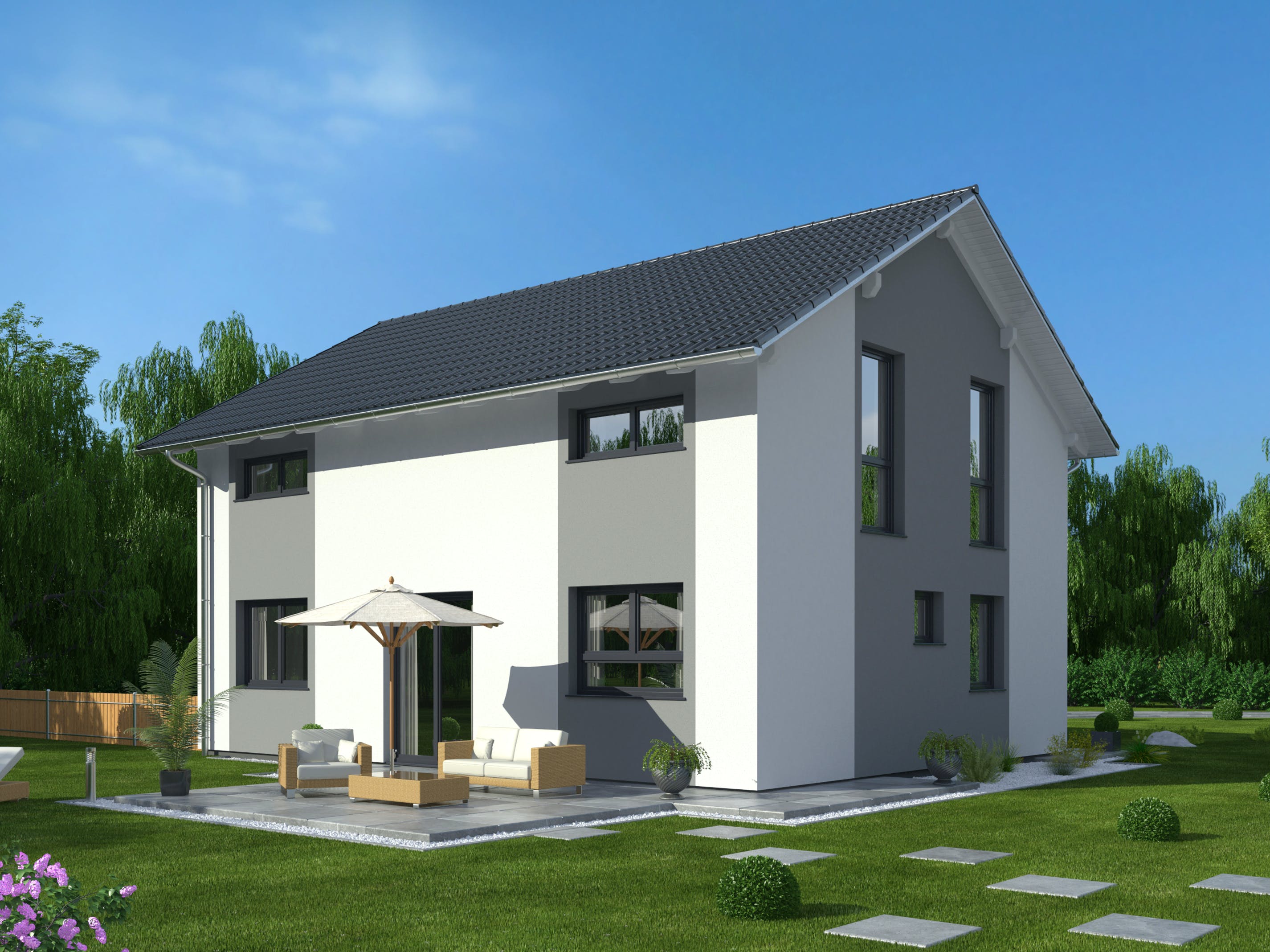 Fertighaus Hausidee 134 SD von DREVO HAUS Schlüsselfertig ab 263300€, Satteldach-Klassiker Außenansicht 1