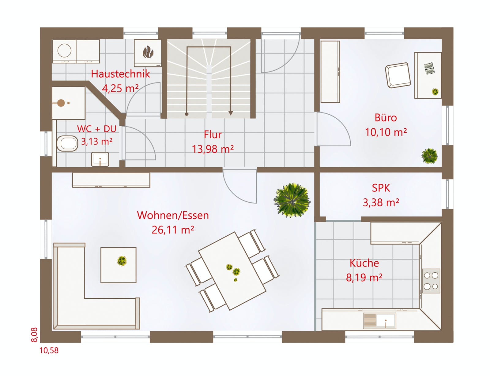 Fertighaus Hausidee 134 SD von DREVO HAUS Schlüsselfertig ab 263300€, Satteldach-Klassiker Grundriss 1