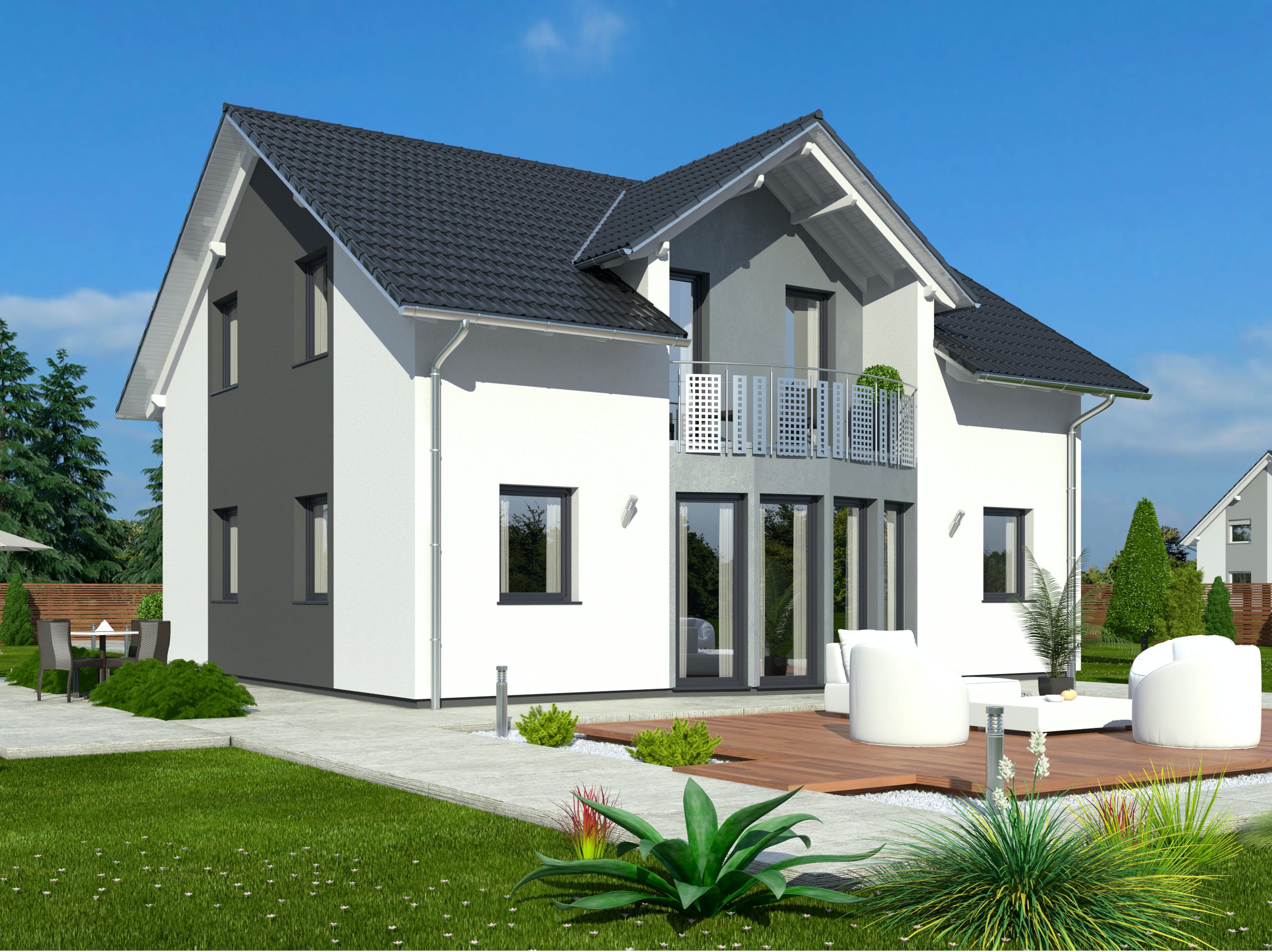 Fertighaus Hausidee 137 SD von DREVO HAUS Schlüsselfertig ab 277700€, Satteldach-Klassiker Außenansicht 1
