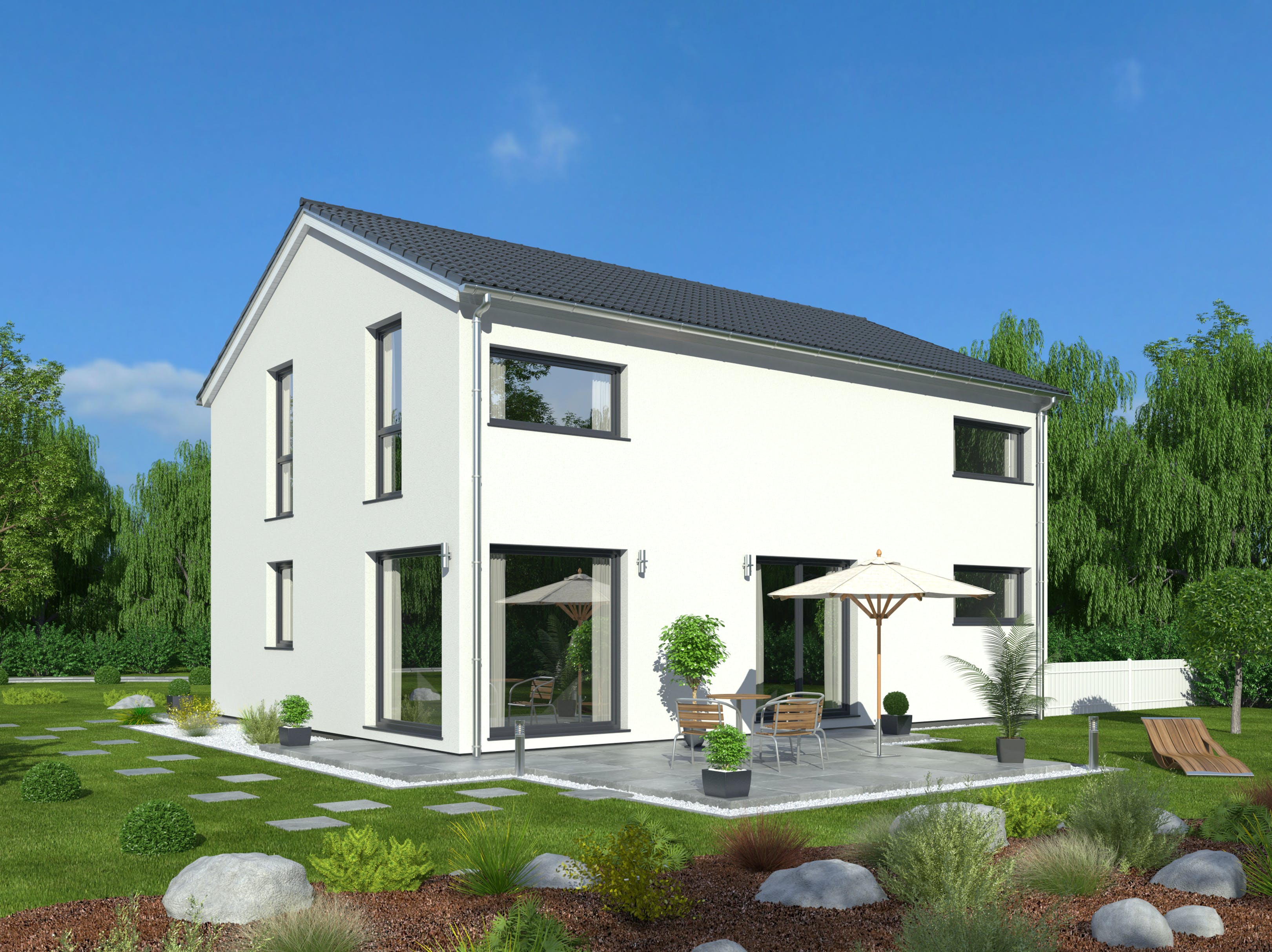 Fertighaus Hausidee 147 SD von DREVO HAUS Schlüsselfertig ab 297700€, Satteldach-Klassiker Außenansicht 1