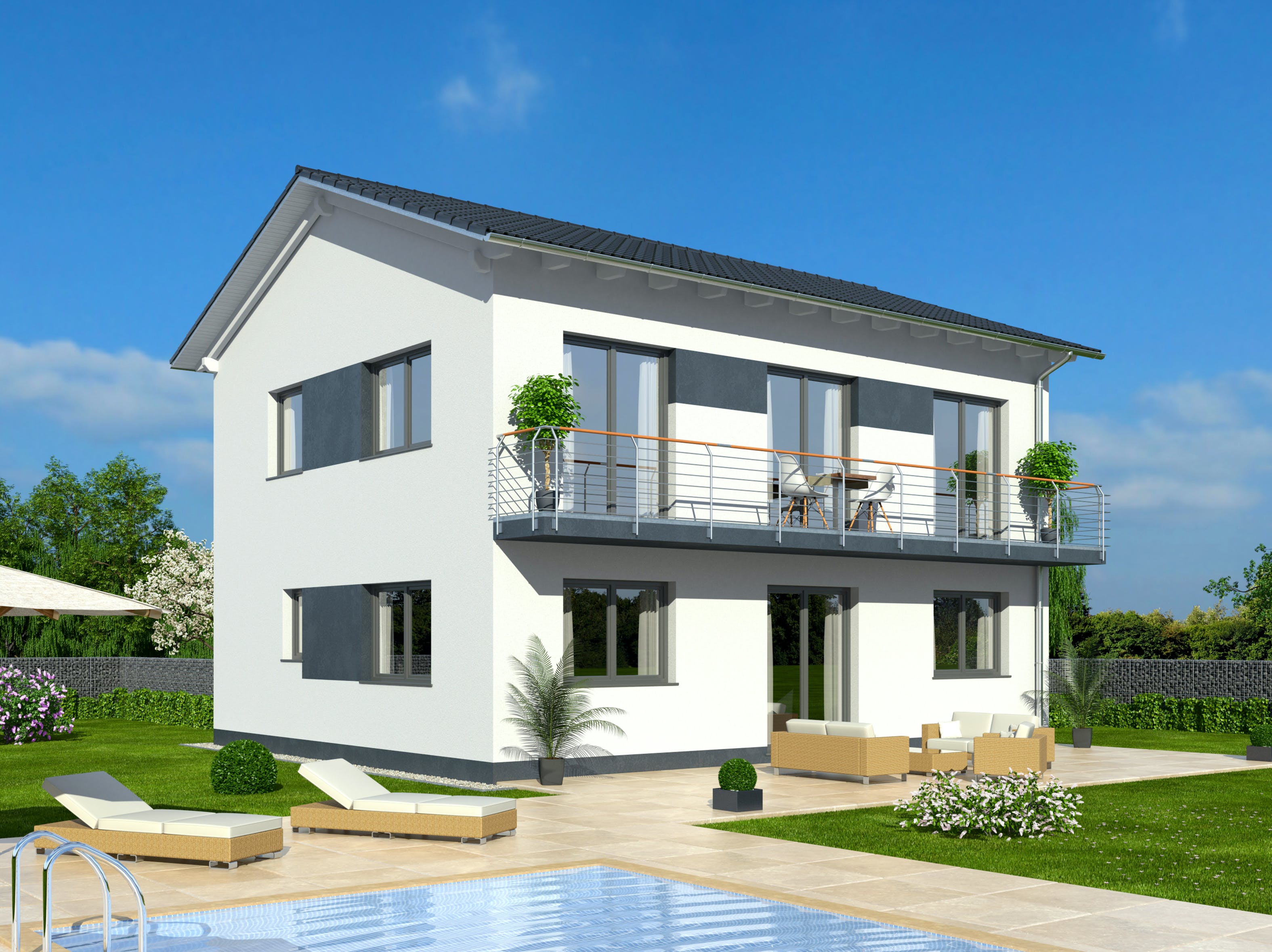 Fertighaus Hausidee 148 SD von DREVO HAUS Schlüsselfertig ab 297200€, Satteldach-Klassiker Außenansicht 1