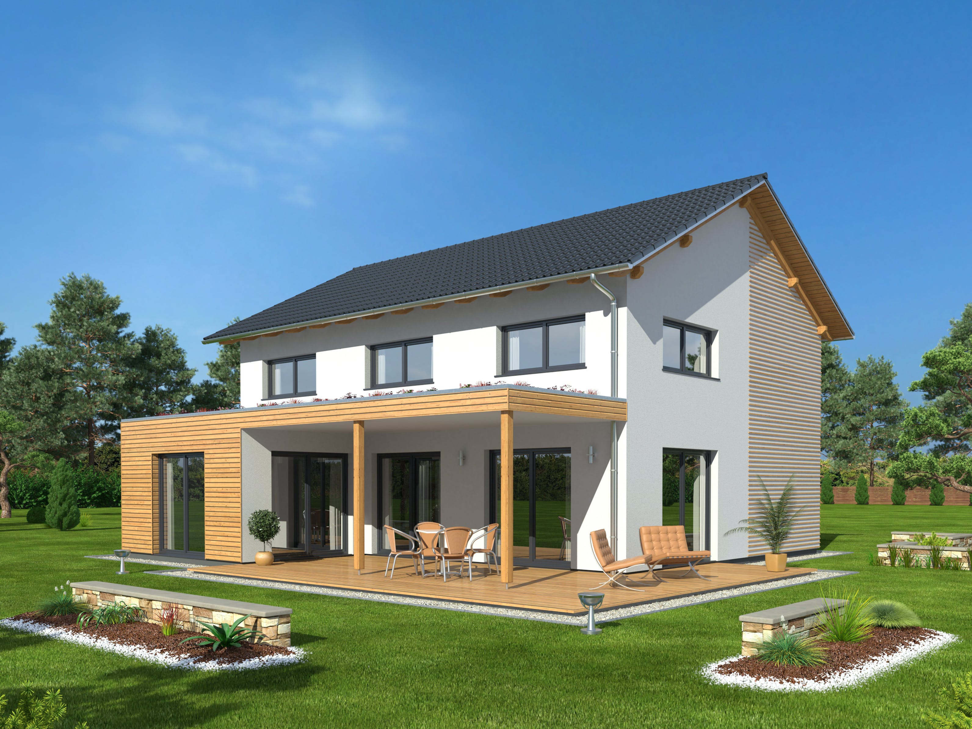 Fertighaus Hausidee 150 SD von DREVO HAUS Schlüsselfertig ab 327200€, Satteldach-Klassiker Außenansicht 1