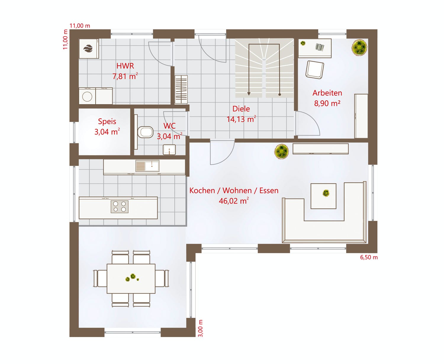 Fertighaus Hausidee 150 SD von DREVO HAUS Schlüsselfertig ab 327200€, Satteldach-Klassiker Grundriss 1