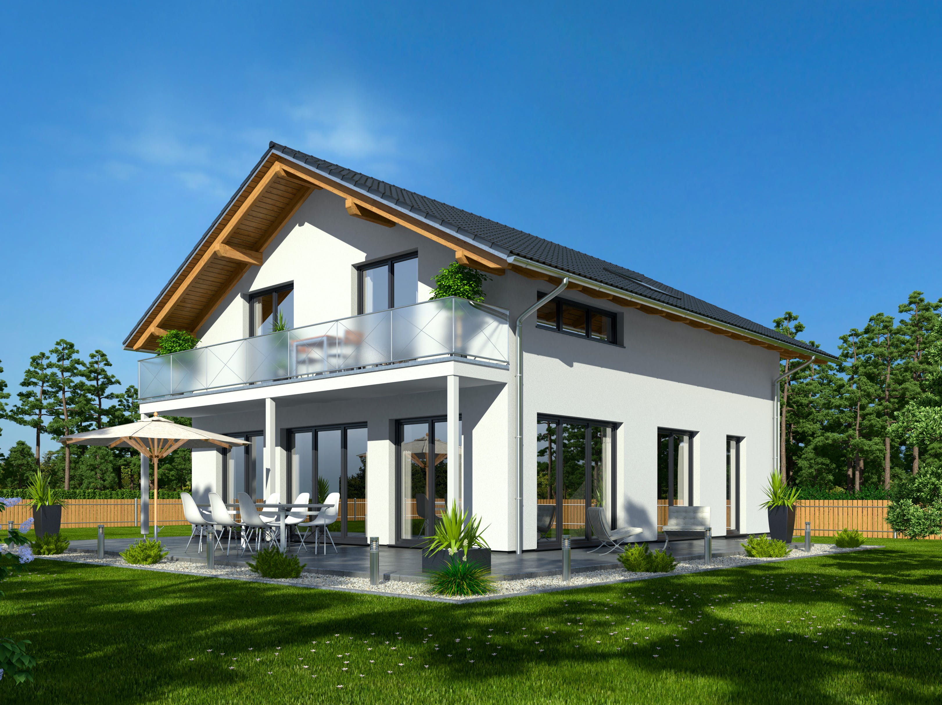 Fertighaus Hausidee 169 SD von DREVO HAUS Schlüsselfertig ab 291200€, Satteldach-Klassiker Außenansicht 1