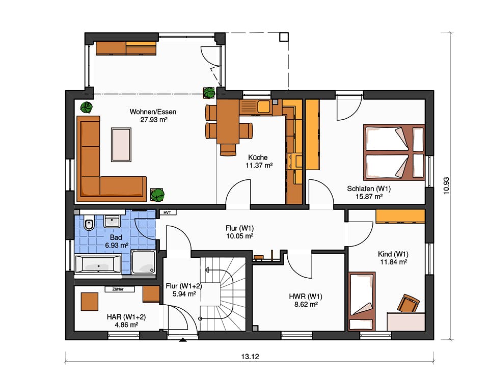 Massivhaus Oslo von Dürr Massivhaus Schlüsselfertig ab 386500€, Satteldach-Klassiker Grundriss 1