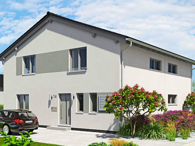Fertighaus Doppelhaus Duett 114 von FINGERHUT-HAUS Zwei- & Mehrfamilienhäuser Schlüsselfertig ab 370058€, Außenansicht 1