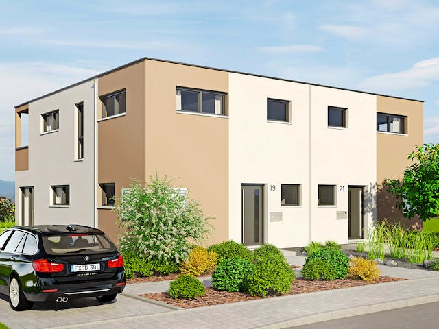 Fertighaus Doppelhaus Duett 129 von FINGERHUT-HAUS Zwei- & Mehrfamilienhäuser Schlüsselfertig ab 426254€, Außenansicht 1