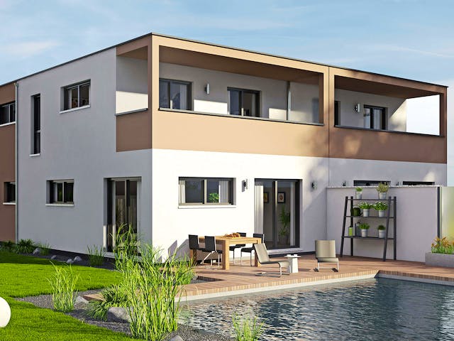 Fertighaus Doppelhaus Duett 129 von FINGERHUT-HAUS Zwei- & Mehrfamilienhäuser Schlüsselfertig ab 426254€, Außenansicht 2