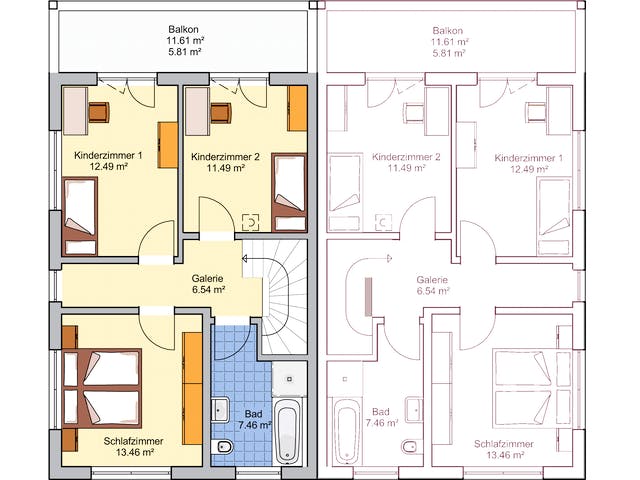 Fertighaus Doppelhaus Duett 129 von FINGERHUT-HAUS Zwei- & Mehrfamilienhäuser Schlüsselfertig ab 426254€, Grundriss 2