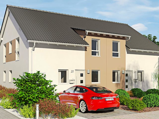 Fertighaus Doppelhaus Duett 134 von FINGERHUT-HAUS Zwei- & Mehrfamilienhäuser Schlüsselfertig ab 408071€, Außenansicht 1