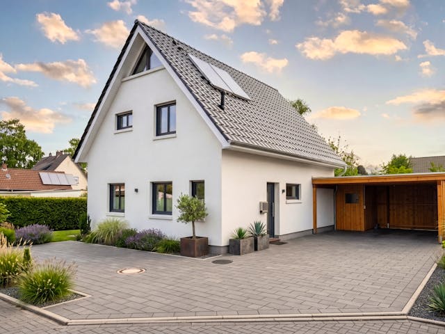 Massivhaus Satteldach 154 von AMR-Wohnbau Schlüsselfertig ab 325000€, Satteldach-Klassiker Außenansicht 1