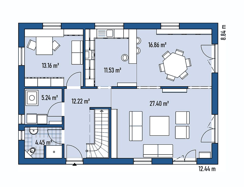 Fertighaus HAUS R88-124 von EBH Haus Schlüsselfertig ab 337400€, Satteldach-Klassiker Grundriss 1