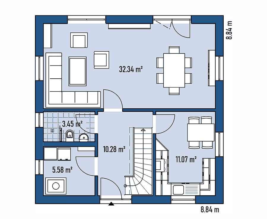 Fertighaus HAUS R88-88 von EBH Haus Schlüsselfertig ab 247200€, Satteldach-Klassiker Grundriss 1