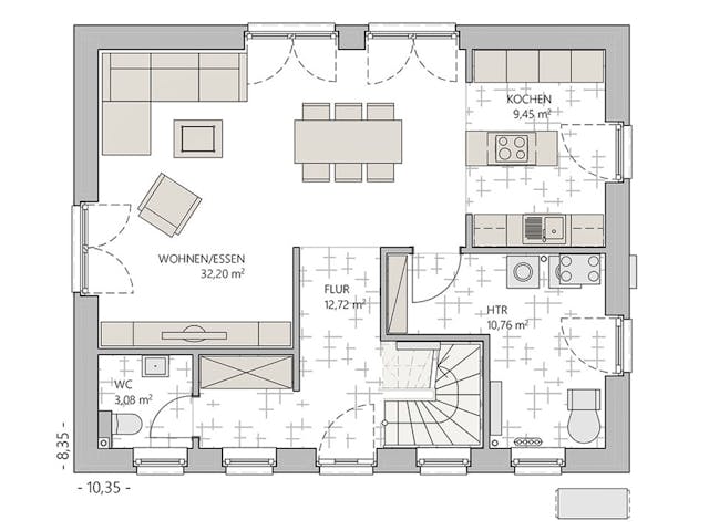 Massivhaus Scheunenhaus 130 von ECO System HAUS Schlüsselfertig ab 310900€, Satteldach-Klassiker Grundriss 1
