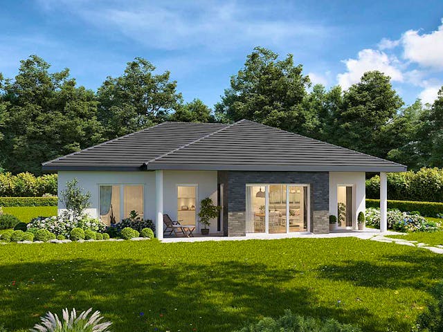 Massivhaus Chalet 122 edition von FAVORIT Massivhaus Schlüsselfertig ab 343360€, Bungalow Außenansicht 1