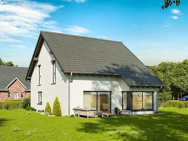 Massivhaus Noblesse 142 editon von FAVORIT Massivhaus Schlüsselfertig ab 333990€, Satteldach-Klassiker Außenansicht 1