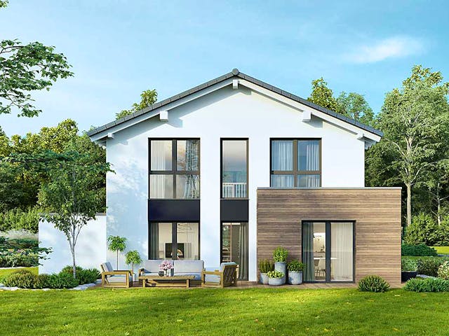 Massivhaus Select 157 edition von FAVORIT Massivhaus Schlüsselfertig ab 374650€, Satteldach-Klassiker Außenansicht 1