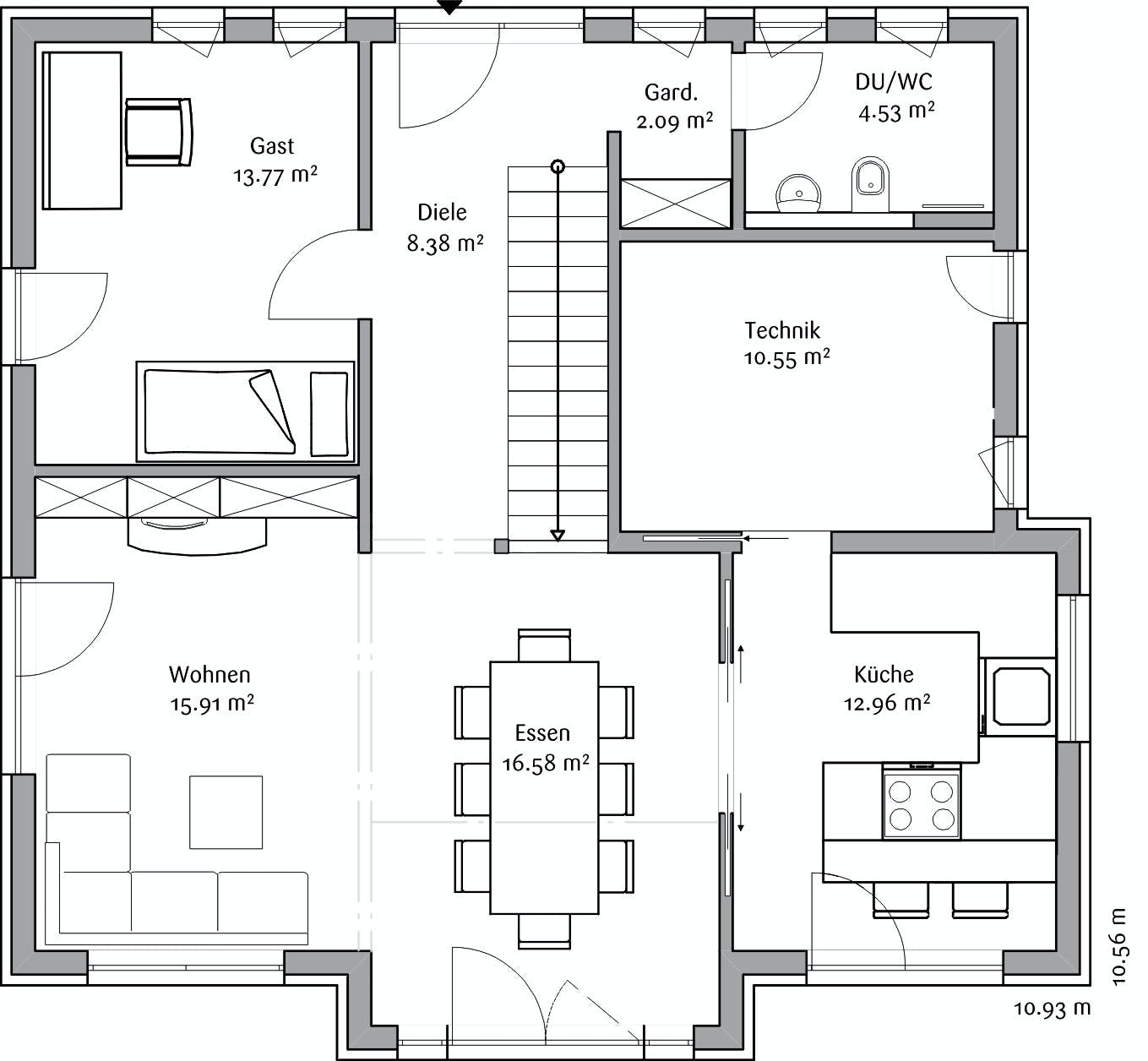 Fertighaus Klassisch 148 von FischerHaus Schlüsselfertig ab 362126€, Satteldach-Klassiker Grundriss 1