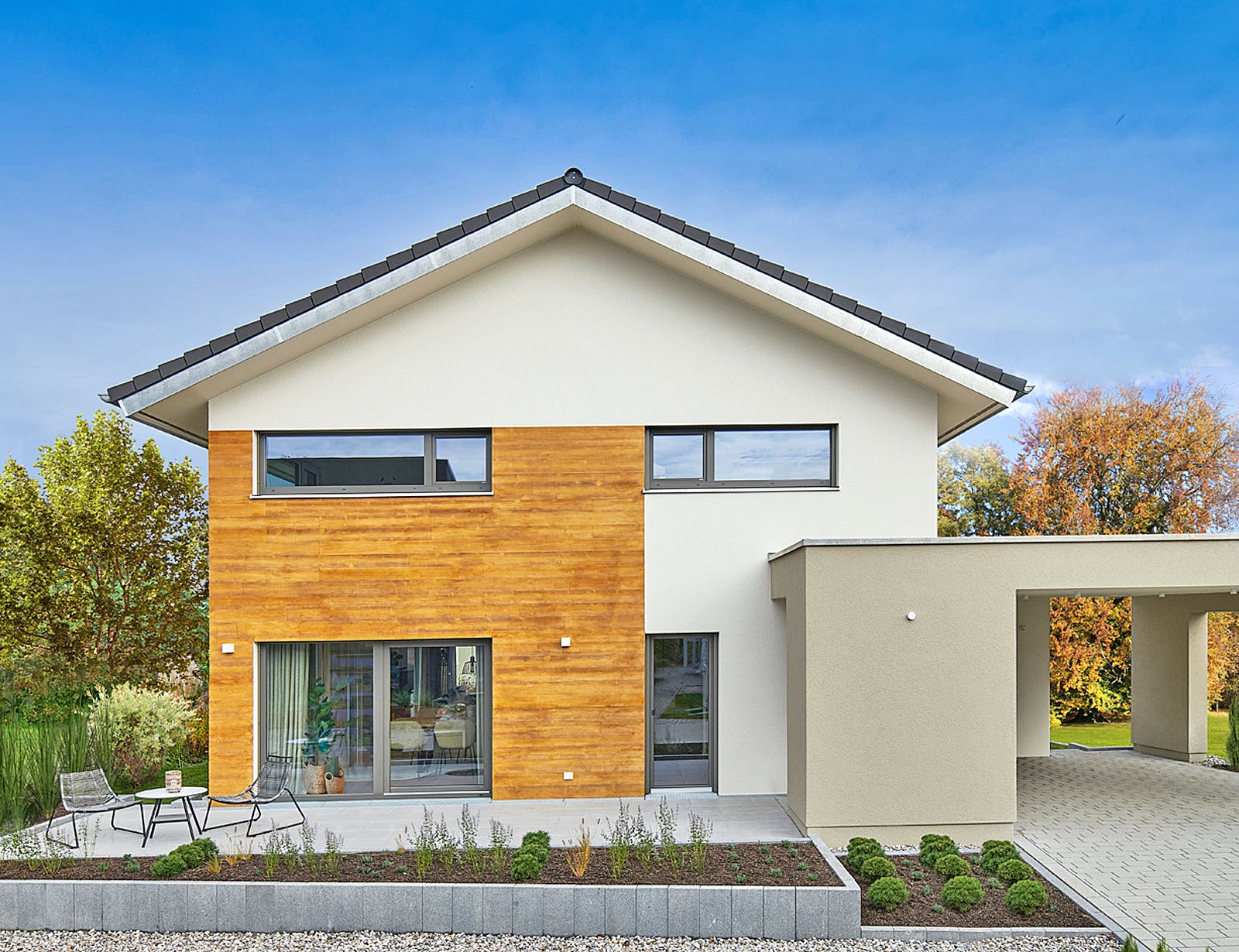 Fertighaus MH Balance Poing von Fertighaus WEISS Schlüsselfertig ab 472246€, Satteldach-Klassiker Außenansicht 2