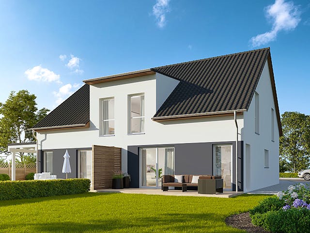 Massivhaus Doppelhaushälfte Fulda von FIBAV Massivhaus, Satteldach-Klassiker Außenansicht 1 Massivhaus Doppelhaushälfte Fulda von FIBAV Massivhaus, Satteldach-Klassiker Außenansicht 1