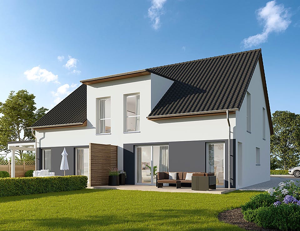 Massivhaus Doppelhaushälfte Fulda von FIBAV Massivhaus, Satteldach-Klassiker Außenansicht 1