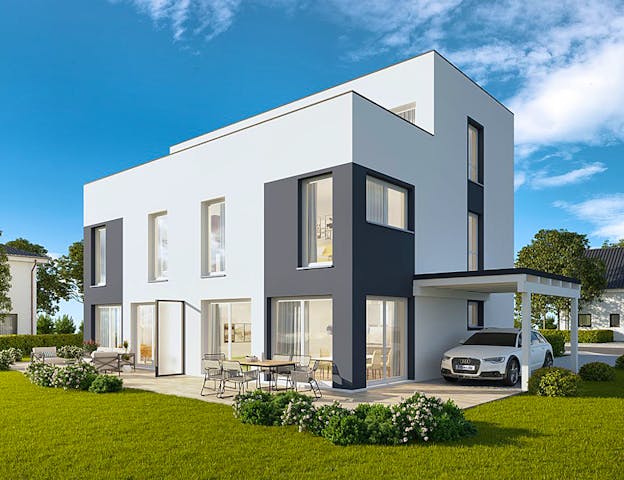 Doppelhaushälfte modern im Bauhausstil mit Dachterrasse von FIBAV Massivhaus