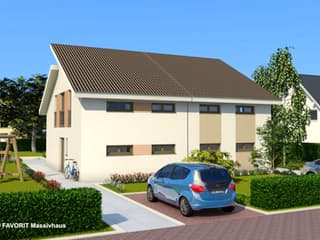 Massivhaus Finesse 104 von FAVORIT Massivhaus, Pultdachhaus Außenansicht 2