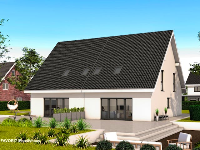 Massivhaus Finesse 129 von FAVORIT Massivhaus Schlüsselfertig ab 318520€, Satteldach-Klassiker Außenansicht 1 Massivhaus Finesse 129 von FAVORIT Massivhaus Schlüsselfertig ab 318520€, Satteldach-Klassiker Außenansicht 1