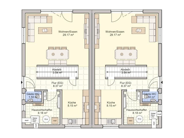 Fertighaus Doppelhaus Duett 114 von FINGERHUT HAUS Zwei- & Mehrfamilienhäuser Schlüsselfertig ab 370058€, Grundriss 1 Fertighaus Doppelhaus Duett 114 von FINGERHUT HAUS Zwei- & Mehrfamilienhäuser Schlüsselfertig ab 370058€, Grundriss 1