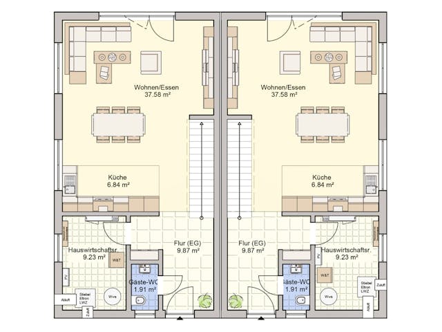 Fertighaus Doppelhaus Duett 125 von FINGERHUT HAUS Zwei- & Mehrfamilienhäuser Schlüsselfertig ab 395584€, Grundriss 1 Fertighaus Doppelhaus Duett 125 von FINGERHUT HAUS Zwei- & Mehrfamilienhäuser Schlüsselfertig ab 395584€, Grundriss 1