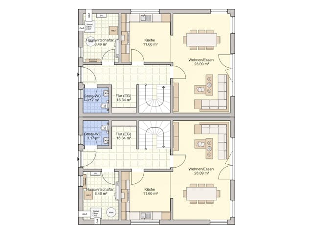 Fertighaus Doppelhaus Duett 128 von FINGERHUT HAUS Zwei- & Mehrfamilienhäuser Schlüsselfertig ab 385236€, Grundriss 1 Fertighaus Doppelhaus Duett 128 von FINGERHUT HAUS Zwei- & Mehrfamilienhäuser Schlüsselfertig ab 385236€, Grundriss 1