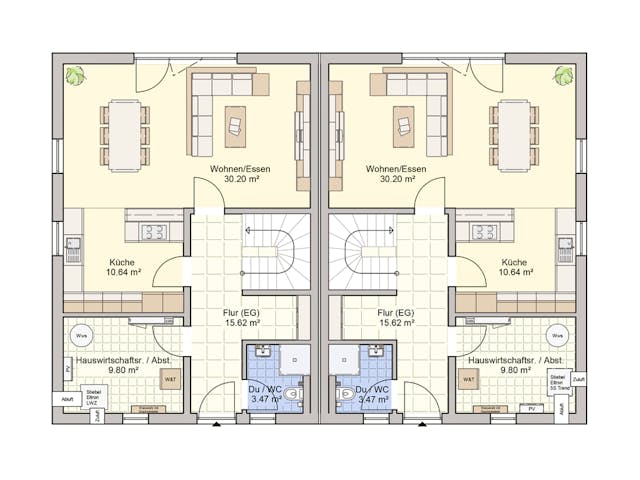 Fertighaus Doppelhaus Duett 134 von FINGERHUT HAUS Zwei- & Mehrfamilienhäuser Schlüsselfertig ab 408071€, Grundriss 1 Fertighaus Doppelhaus Duett 134 von FINGERHUT HAUS Zwei- & Mehrfamilienhäuser Schlüsselfertig ab 408071€, Grundriss 1