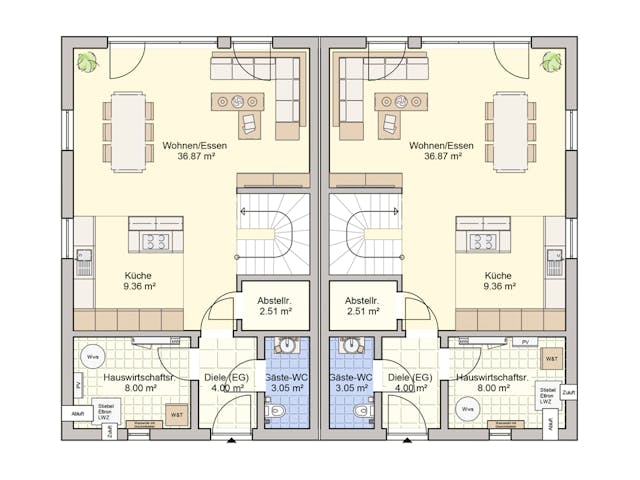 Fertighaus Doppelhaus Duett 175 von FINGERHUT HAUS Zwei- & Mehrfamilienhäuser Schlüsselfertig ab 490857€, Grundriss 1 Fertighaus Doppelhaus Duett 175 von FINGERHUT HAUS Zwei- & Mehrfamilienhäuser Schlüsselfertig ab 490857€, Grundriss 1