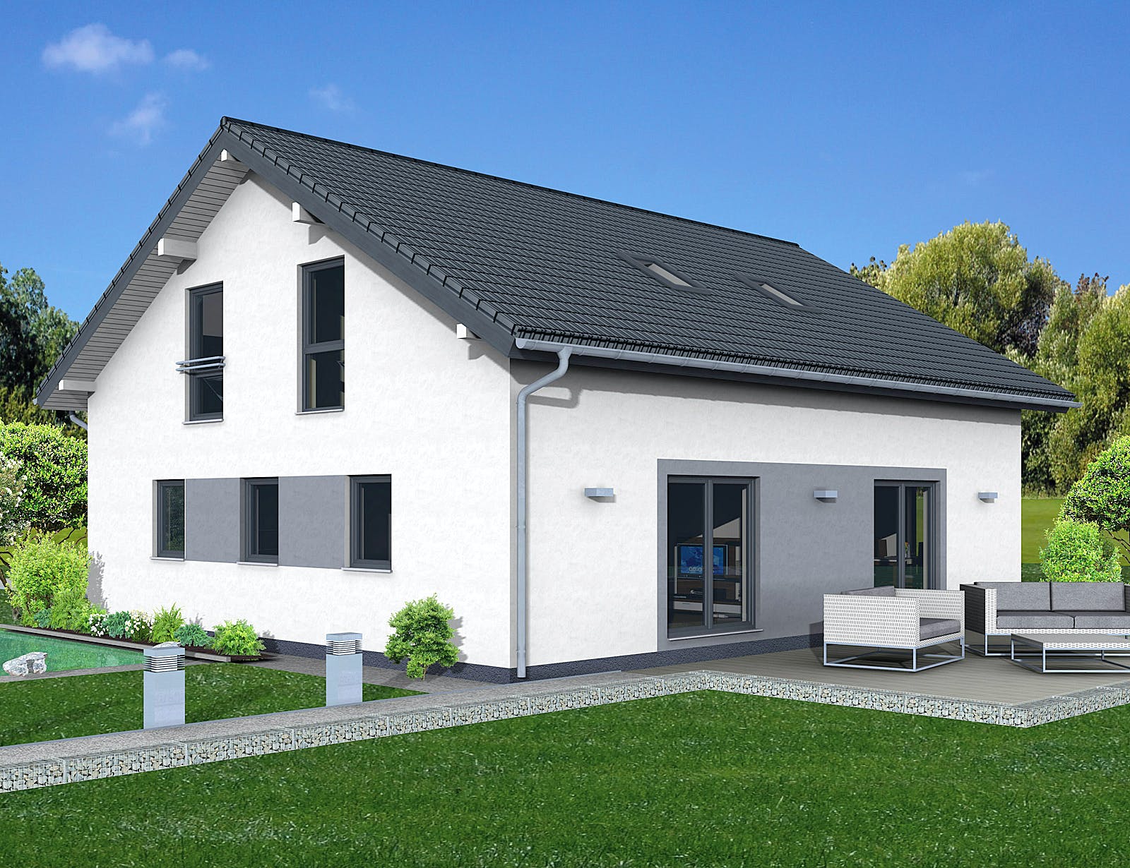 Fertighaus Junto 190 von FINGERHUT-HAUS Schlüsselfertig ab 582289€, Satteldach-Klassiker Außenansicht 1