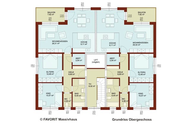 Grundriss Mehrfamilienhaus (2. Etage) im modernen Bauhausstil mit 5 Wohnungen & Keller von FAVORIT Massivhaus