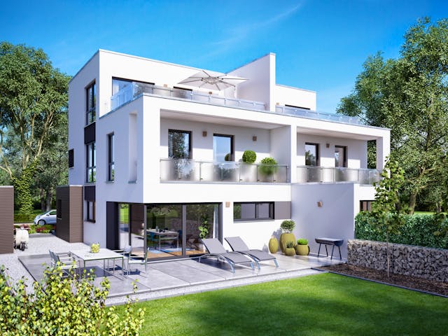 Fertighaus Gemello FD 280 von Büdenbender Hausbau, Cubushaus Außenansicht 1 Fertighaus Gemello FD 280 von Büdenbender Hausbau, Cubushaus Außenansicht 1